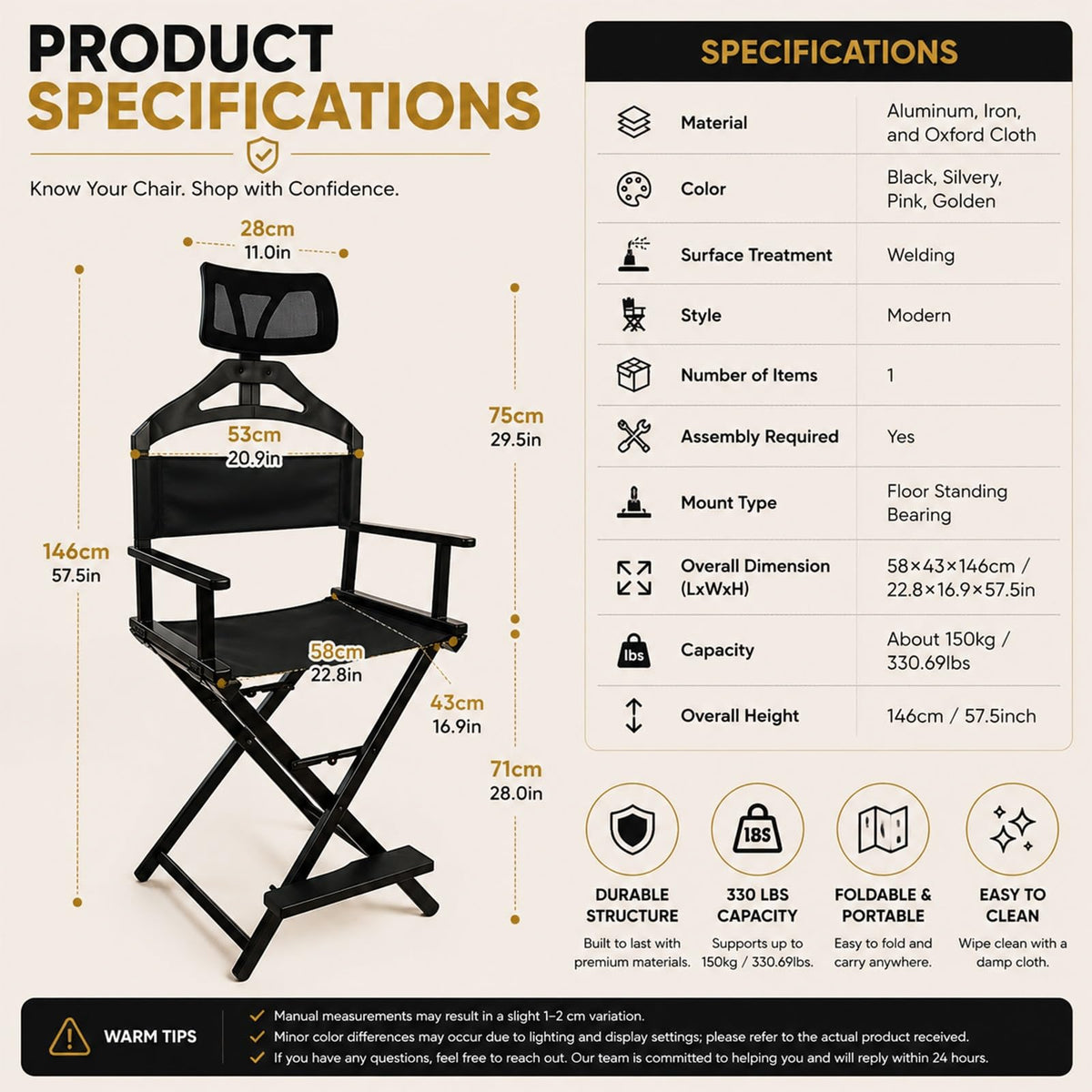 Gold Portable Collapsible Tall Makeup Artist Chair with Head Rest G2897