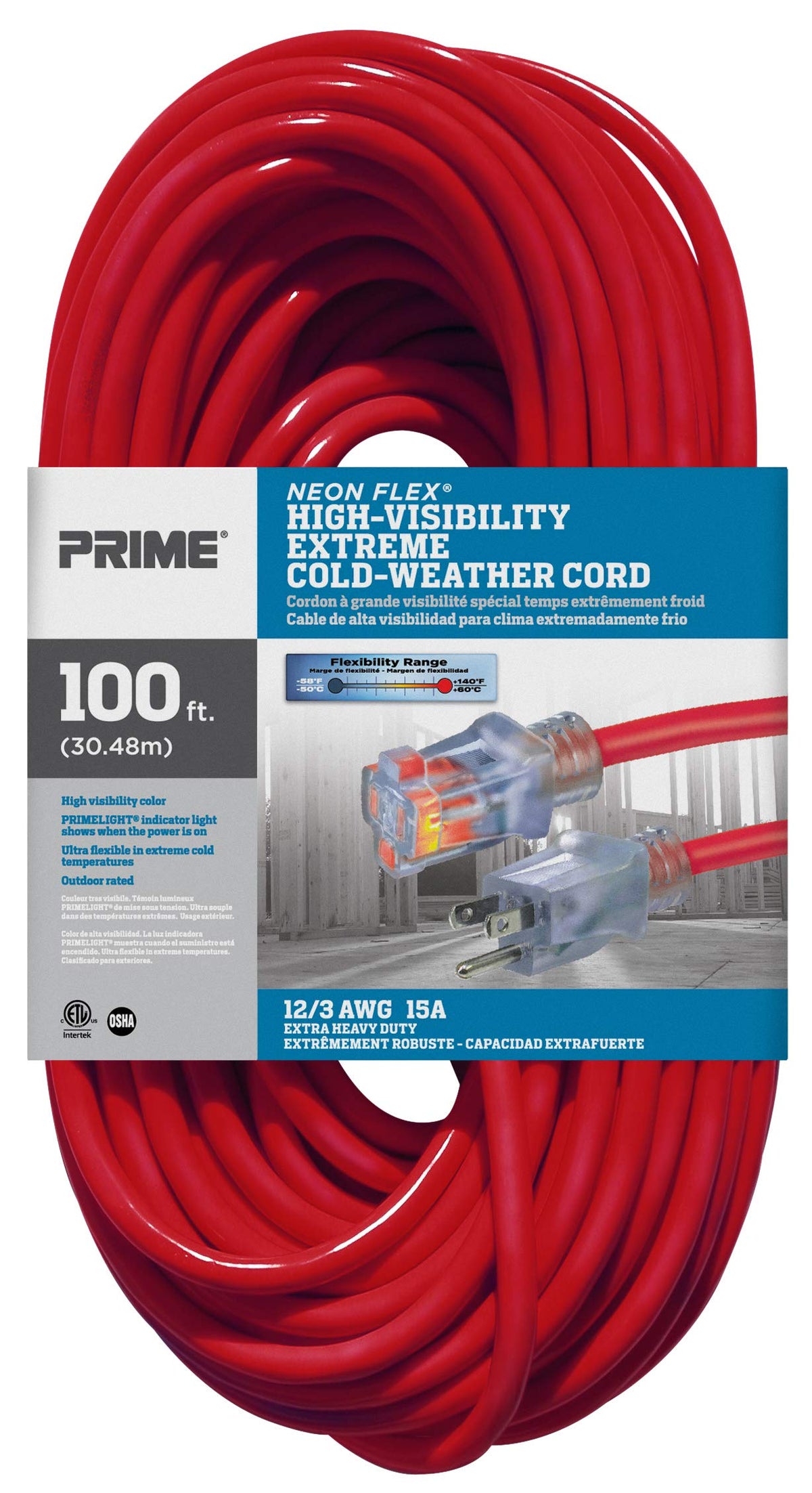 100-Foot 12/3 SJTW Outdoor Extension Cord with Light Indicator, Neon Red X463