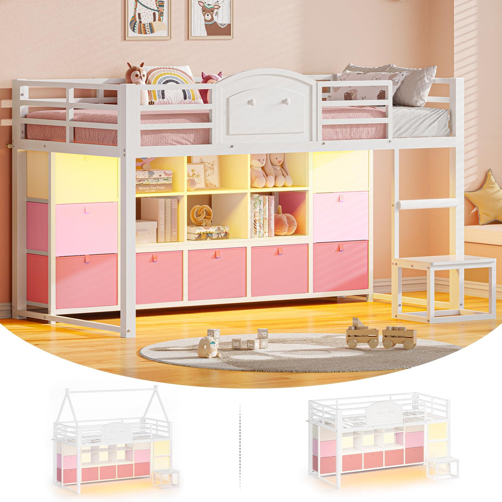 Twin Size Low Loft Bed with 9 Storage Drawers and Guardrail V54234