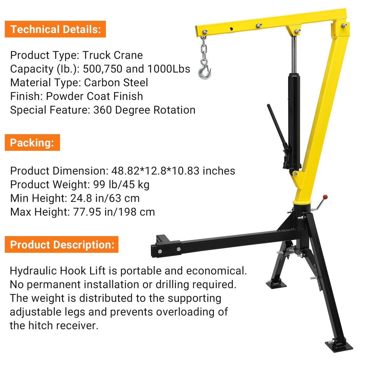 Hydraulic Swivel Hitch Mounted Truck Crane 1000 LBS Capacity M200640