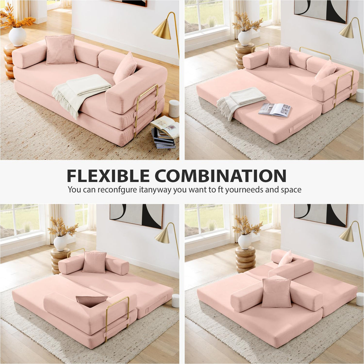 Pink Corduroy Convertible Sofa Bed E284710