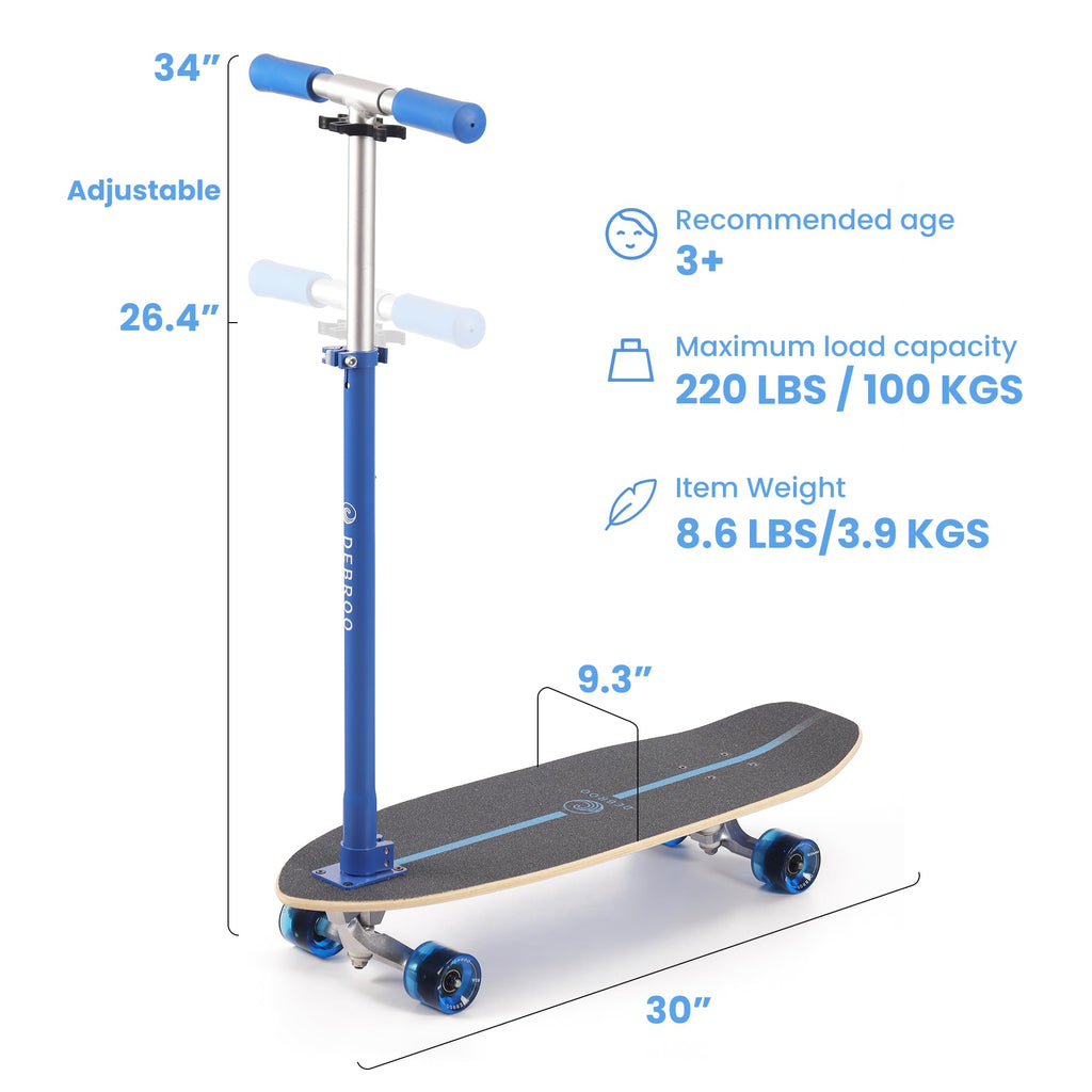 2-in-1 Kids Skateboard & Scooter with LED Light-Up Wheels, Adjustable Height, Blue T4634