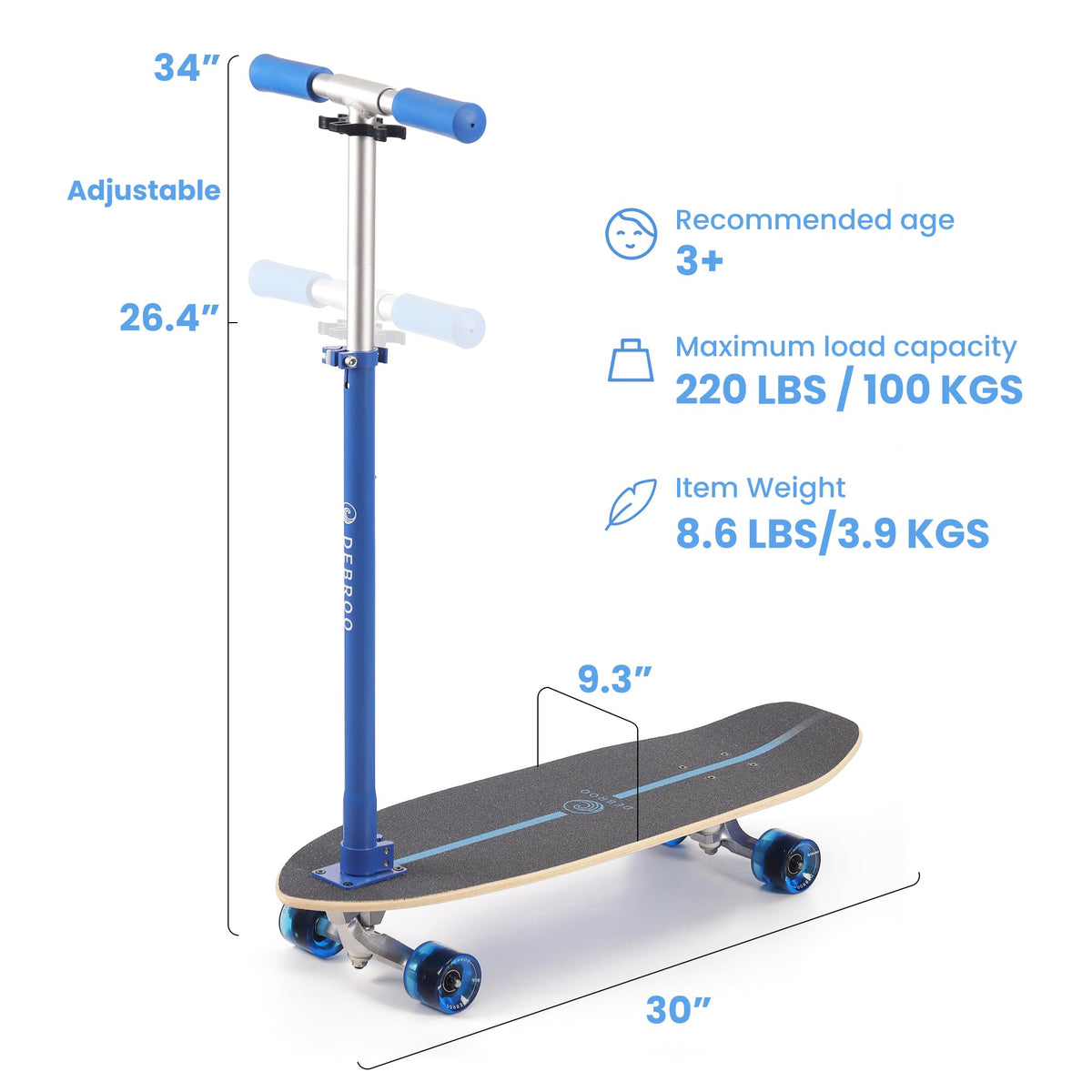 2-in-1 Kids Skateboard & Scooter with LED Light-Up Wheels, Adjustable Height, Blue T4634