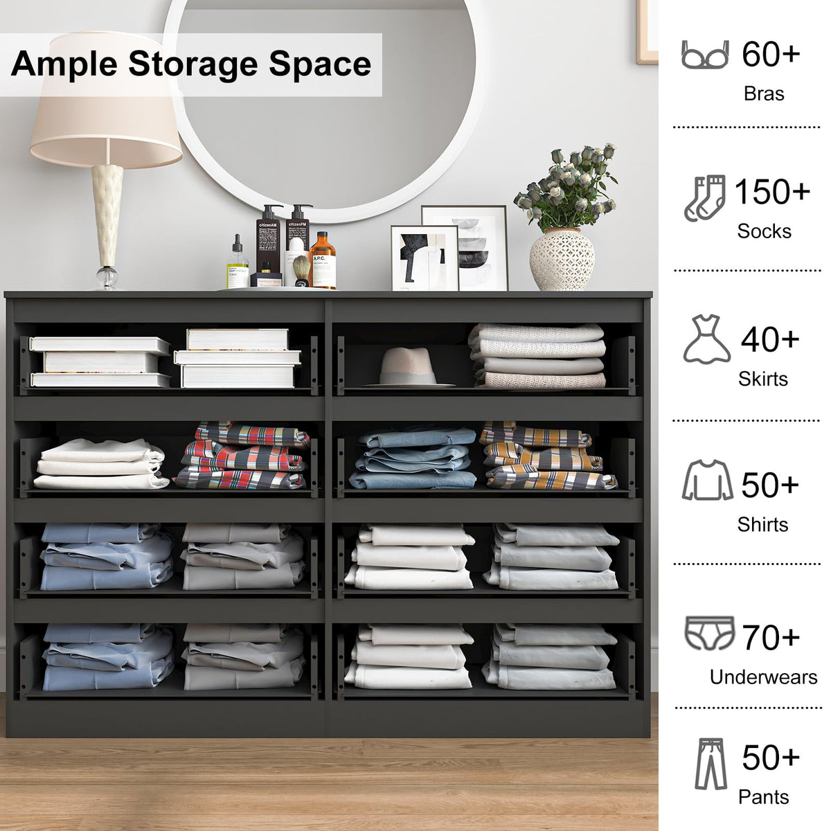 Black 8 Drawer Double Dresser F437