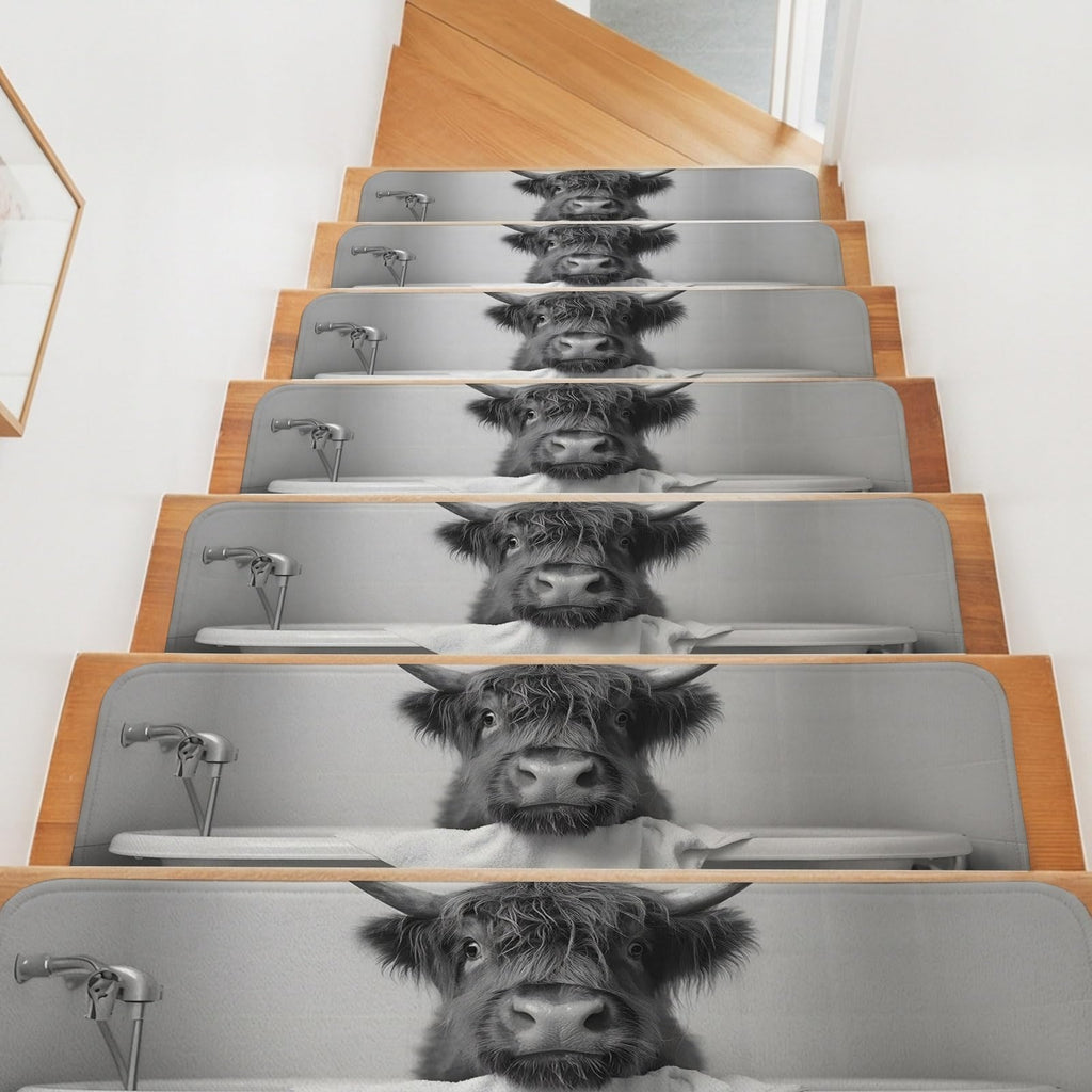 Highland Cow Non Slip Carpet Stair Treads Set of 4 Grey 30"x8" R35791