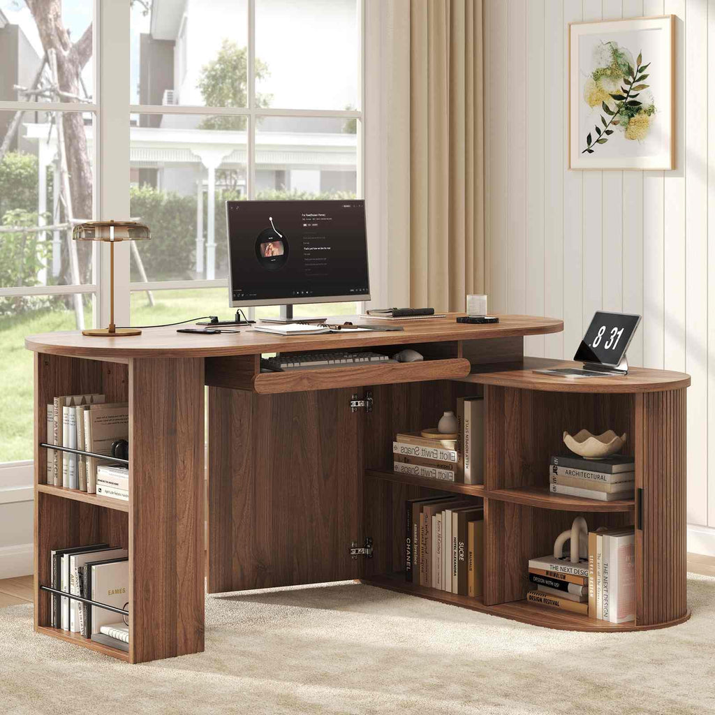 L Shaped Corner Desk with Storage Cabinet Walnut 60 Inch B557933