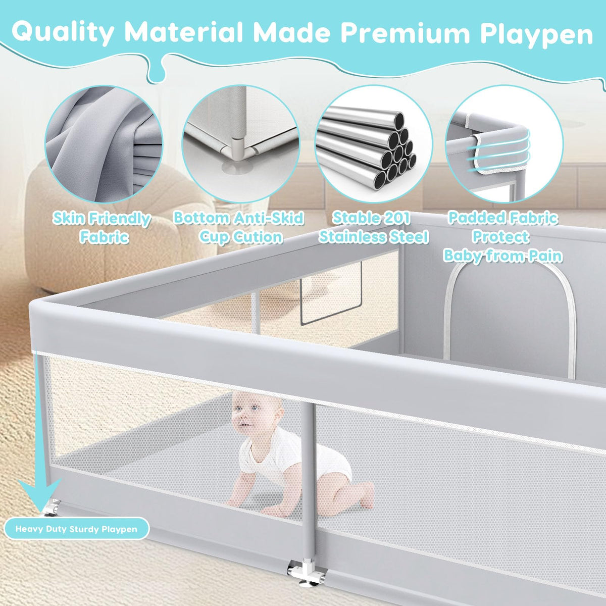 50x50 Inch Grey Baby Playpen with Mesh T396