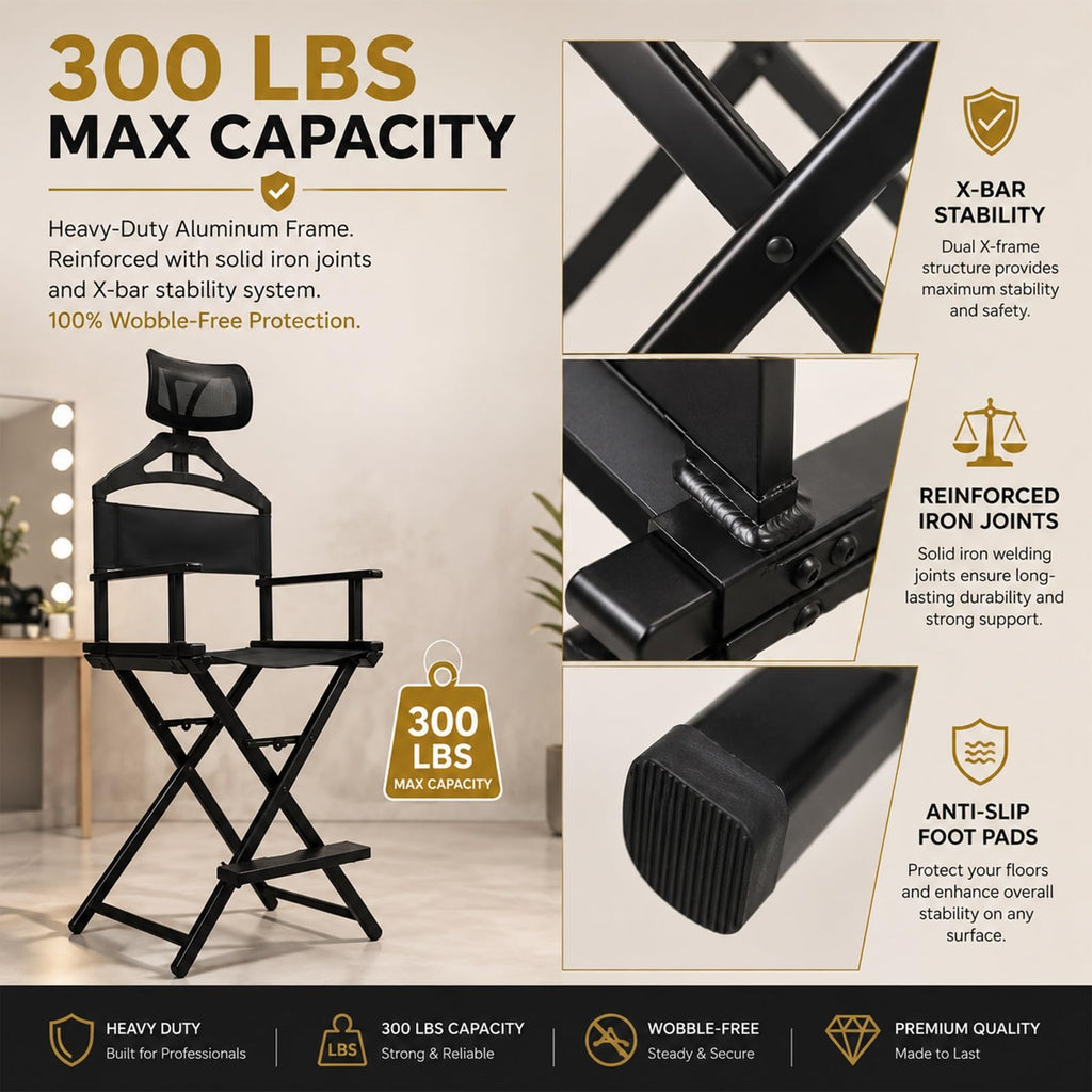 Gold Portable Collapsible Tall Makeup Artist Chair with Head Rest G2897
