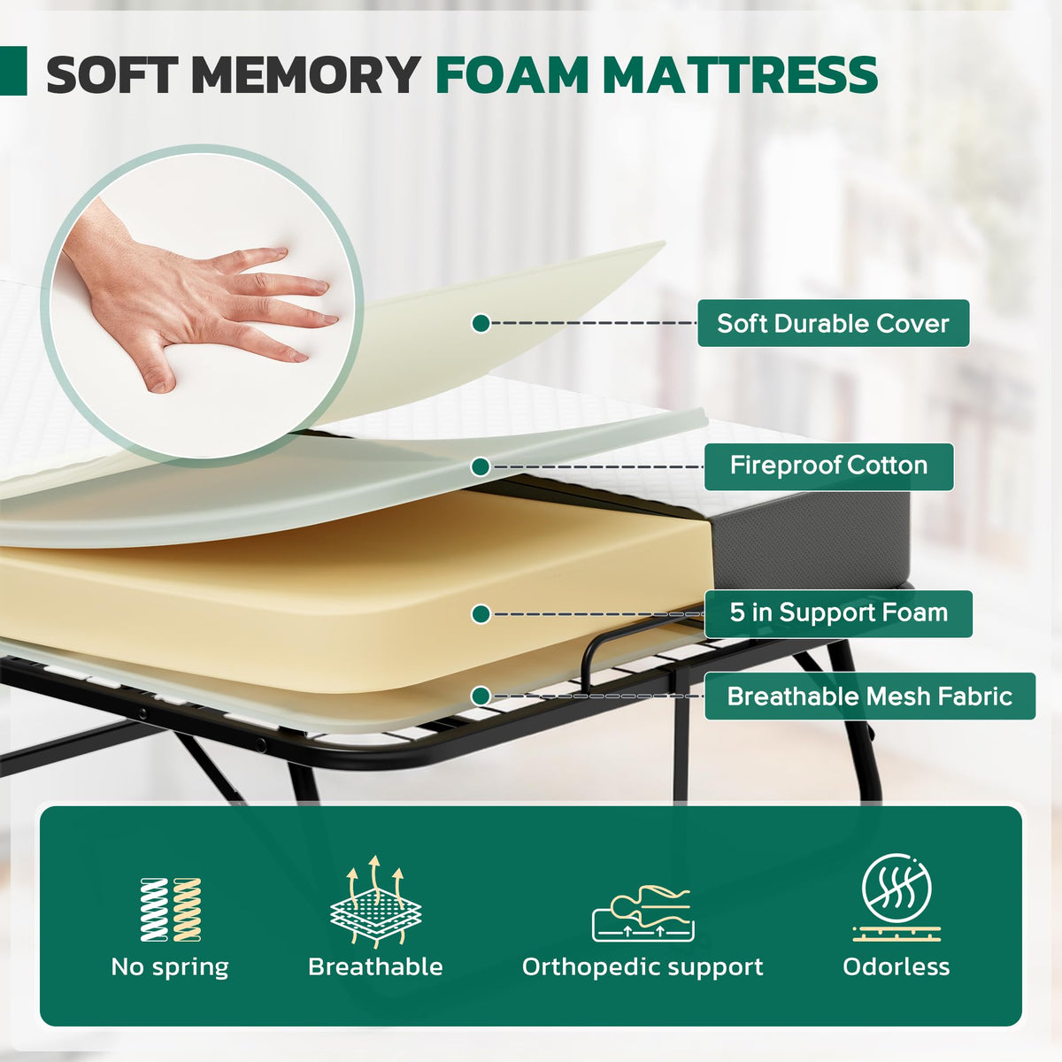 Folding Bed with 5 Inch Mattress, Twin Size S375