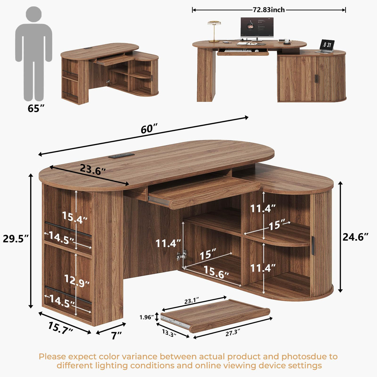 L Shaped Corner Desk with Storage Cabinet Walnut 60 Inch B557933