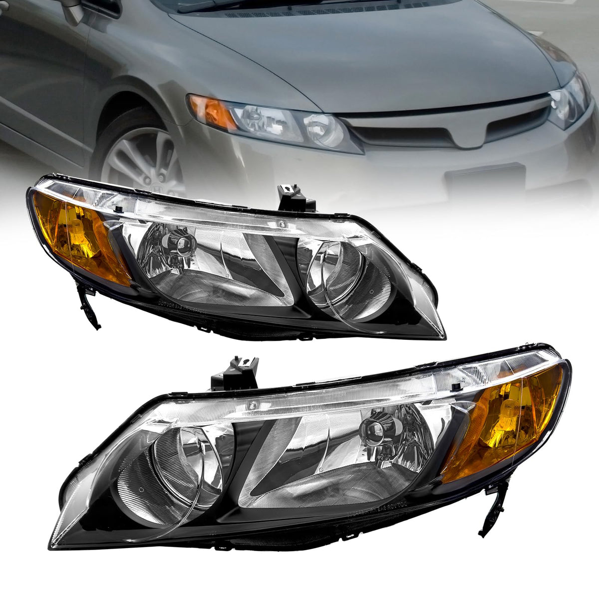 2006-2011 Honda Civic Black Clear Headlights Assembly Pair J189290