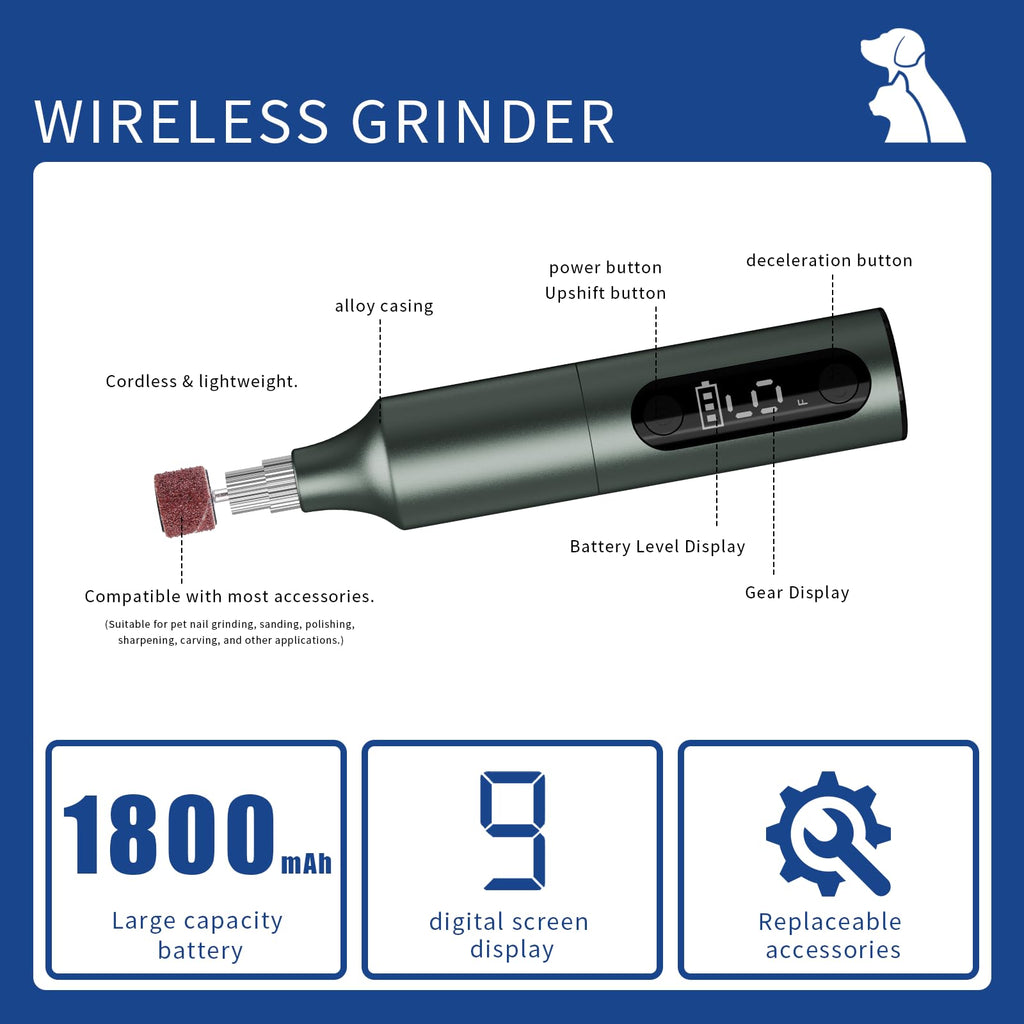 Rechargeable 9-Speed Adjustable Ultra Quiet Electric Dog Nail Grinder A4500