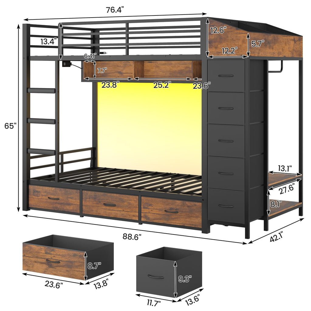 Twin Over Twin Bunk Bed with 8 Storage Drawers and Power Outlets, LED Metal Bunk Bed with Ladder, Black D68473