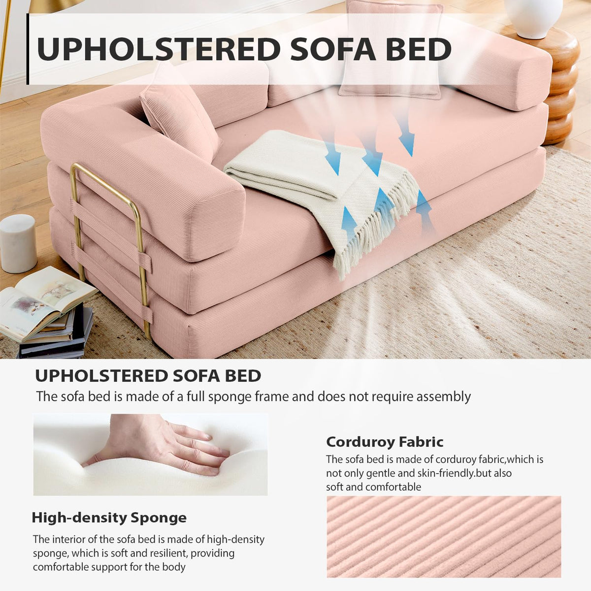 Pink Corduroy Convertible Sofa Bed E284710