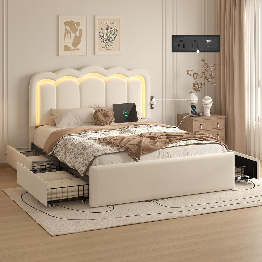 White Full Bed Frame with 4 Storage Drawers L135