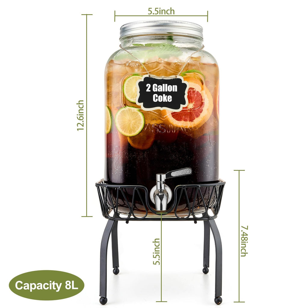 2 Gallon Glass Beverage Dispenser with Stand and Lid V46391