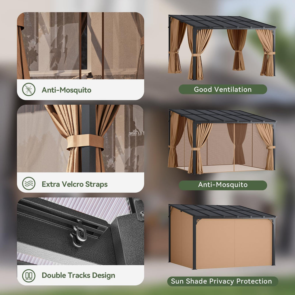12'x10' Lean to Gazebo with Mosquito Net and Curtains, Brown T877