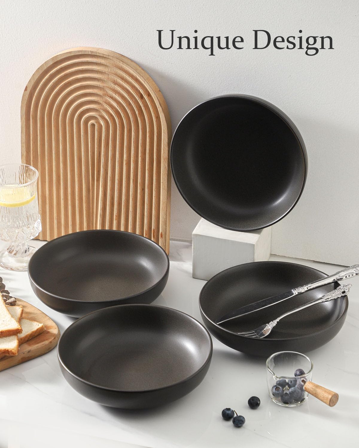 34 oz Stoneware Pasta Bowls Set of 4, Matte Black M5138