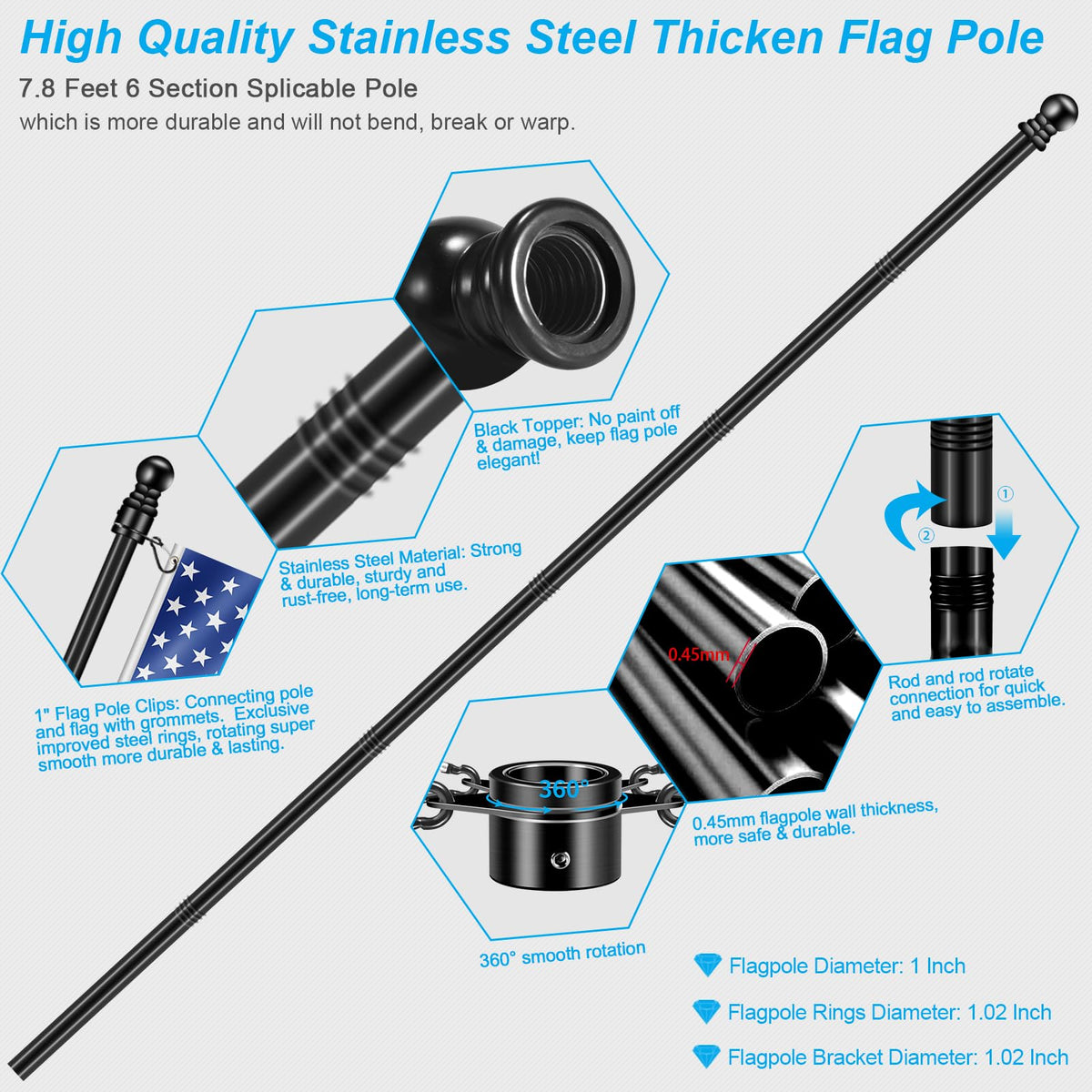 Black 7 FT Metal Flagpole Kit and 304 Stainless Steel Flagpole Clips Z996