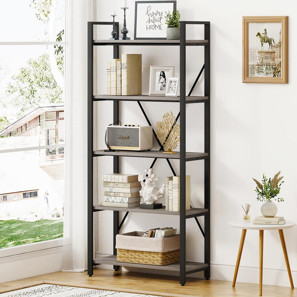 5 Tier Grey Wood and Metal Bookshelf M602460