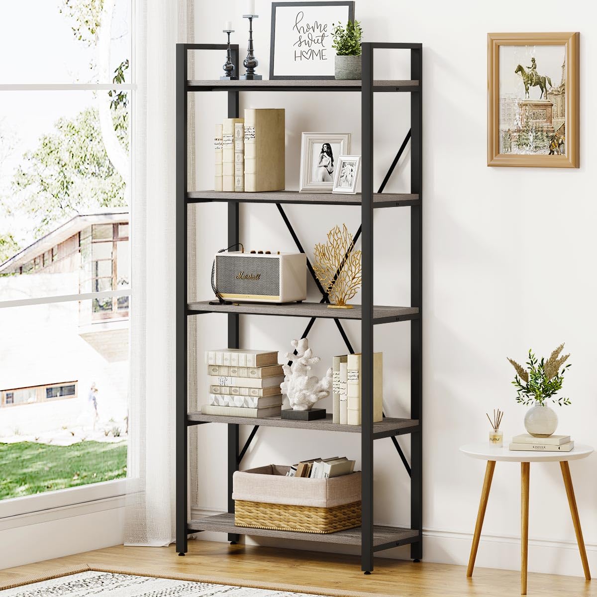 5 Tier Grey Wood and Metal Bookshelf M602460