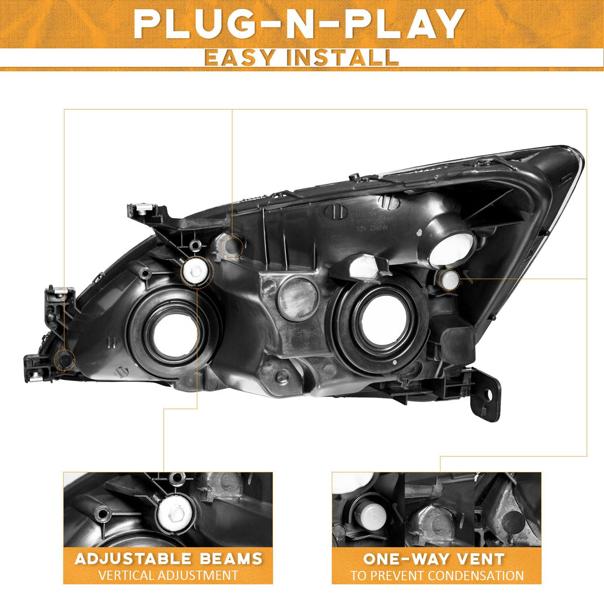 Headlights for 2003-2007 Honda Accord Chrome Housing Amber Reflector Left+Right E119700