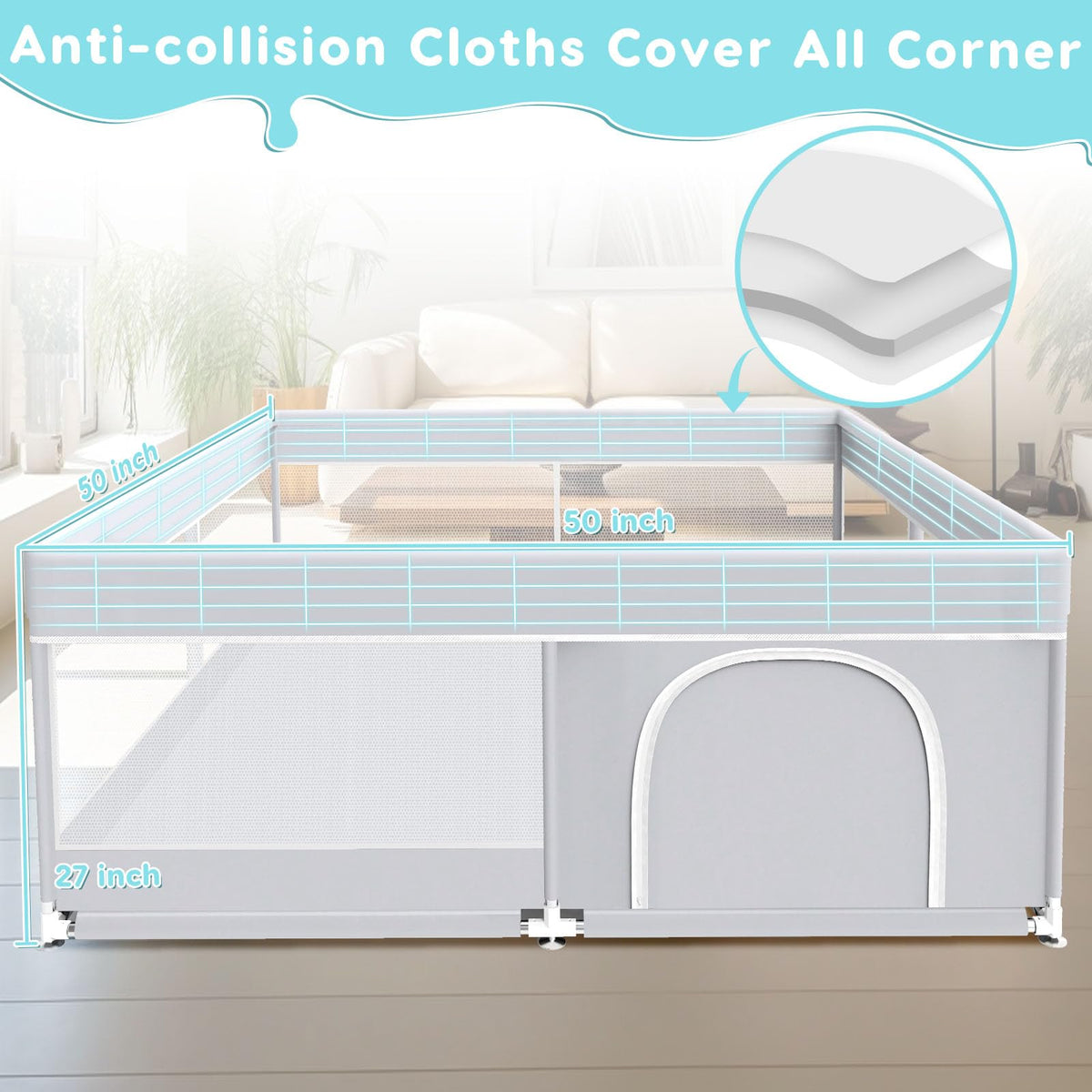 50x50 Inch Grey Baby Playpen with Mesh T396