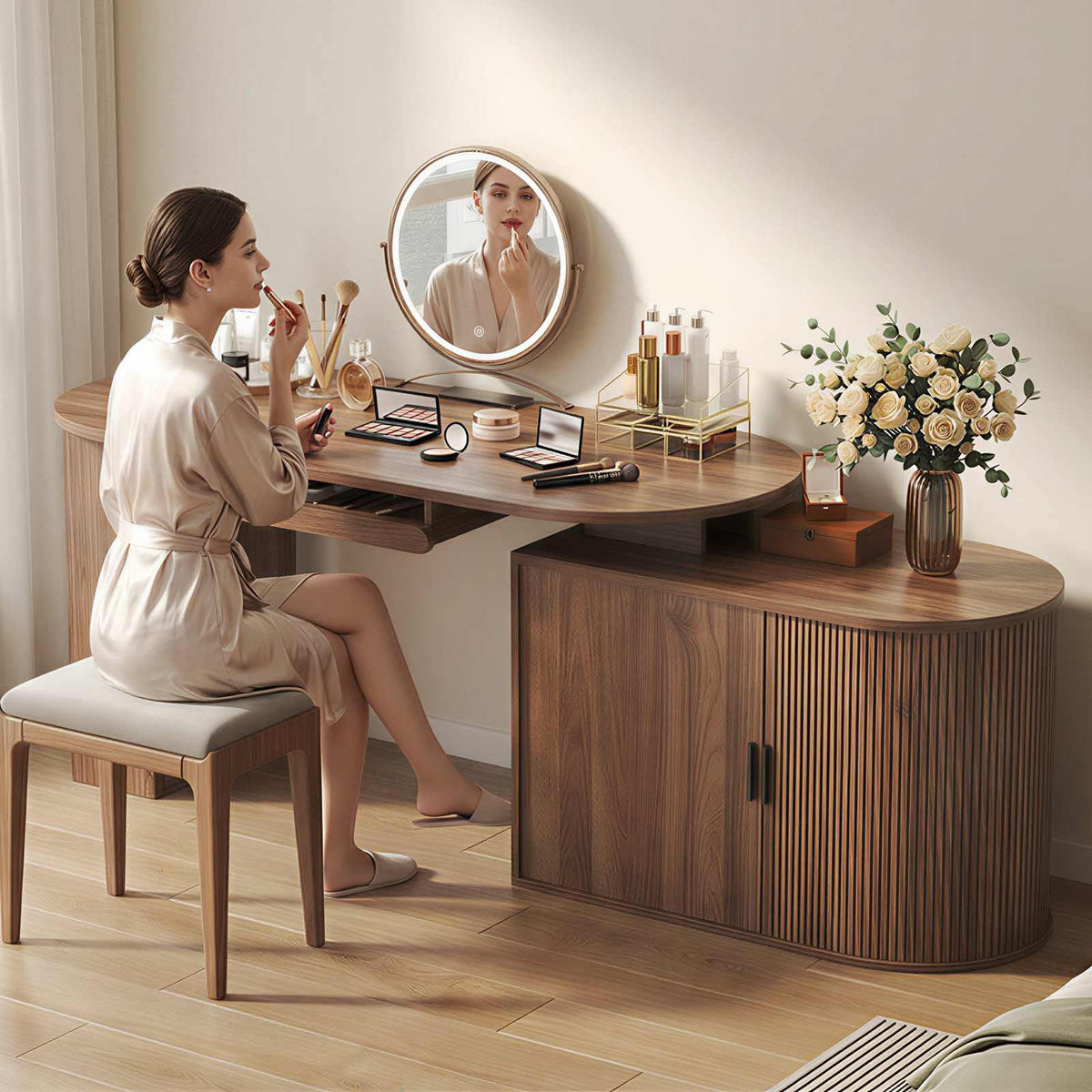 L Shaped Corner Desk with Storage Cabinet Walnut 60 Inch B557933