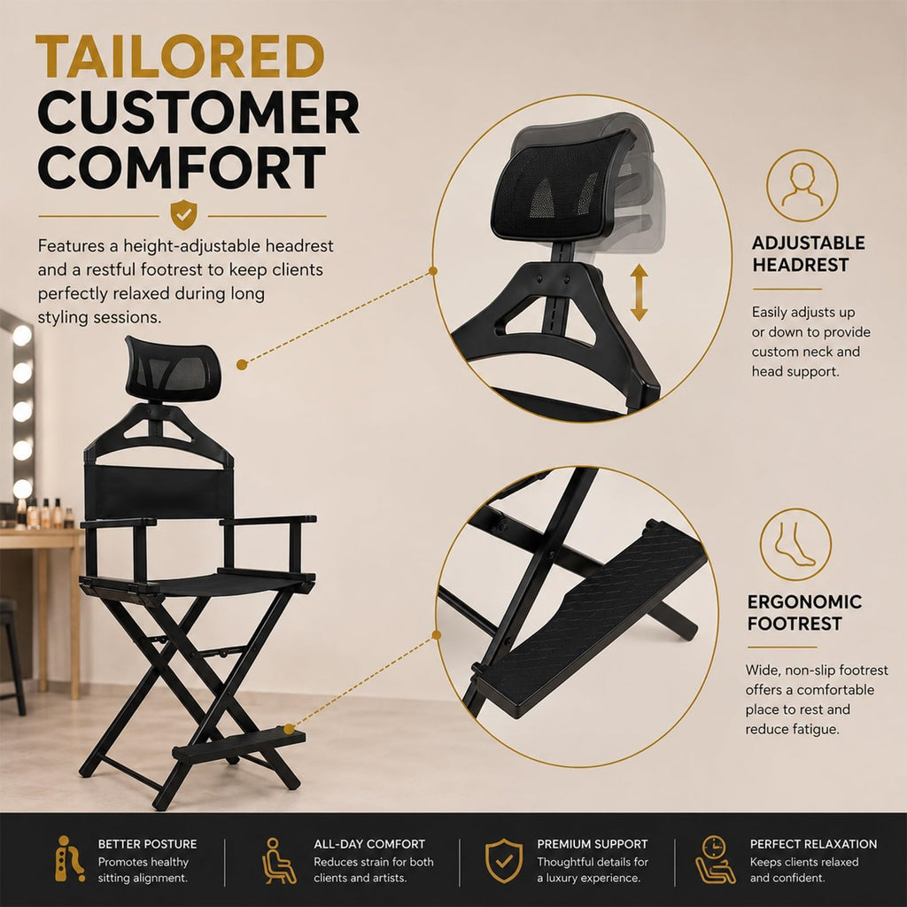 Gold Portable Collapsible Tall Makeup Artist Chair with Head Rest G2897