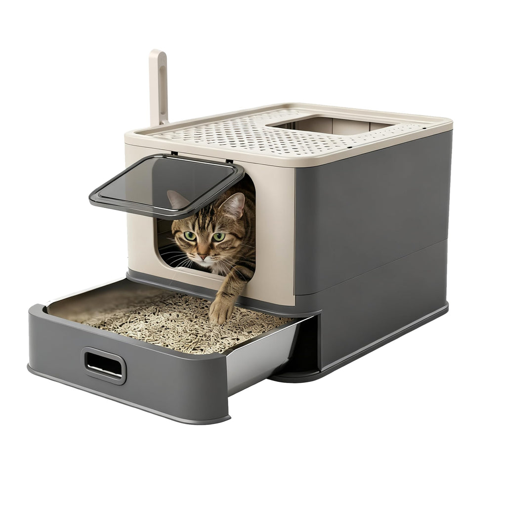 XL Enclosed Stainless Steel Cat Litter Box with Pull-Out Drawer Q19394