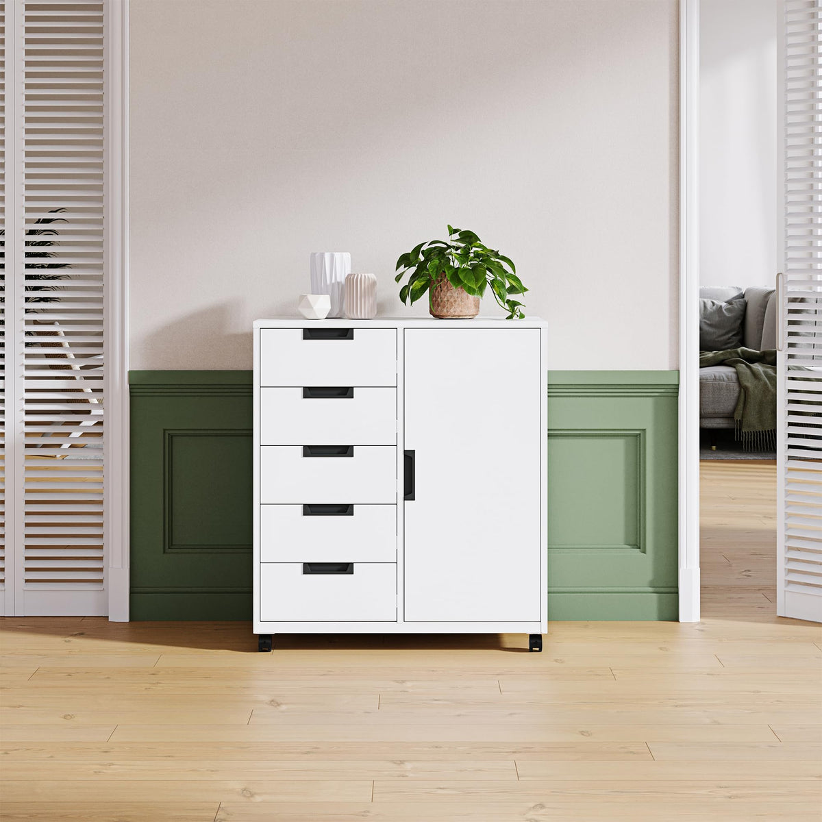 White 5 Drawer Storage Cabinet with Shelves and Door A5859