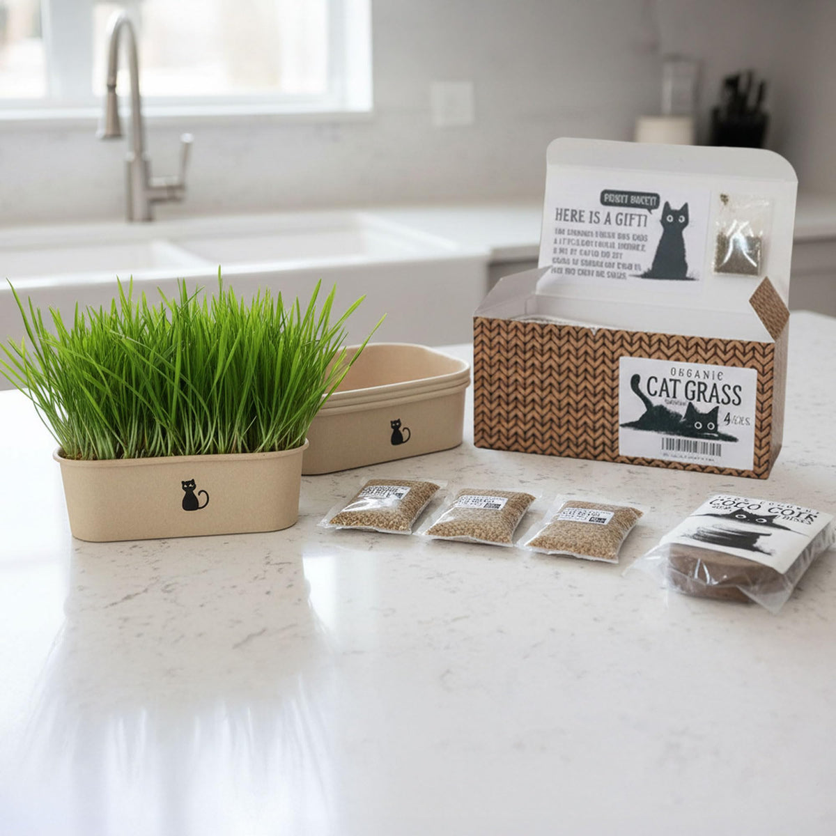 4-Batch Indoor Cat Grass Grow Kit with Containers, Soil Disks & Seeds G390