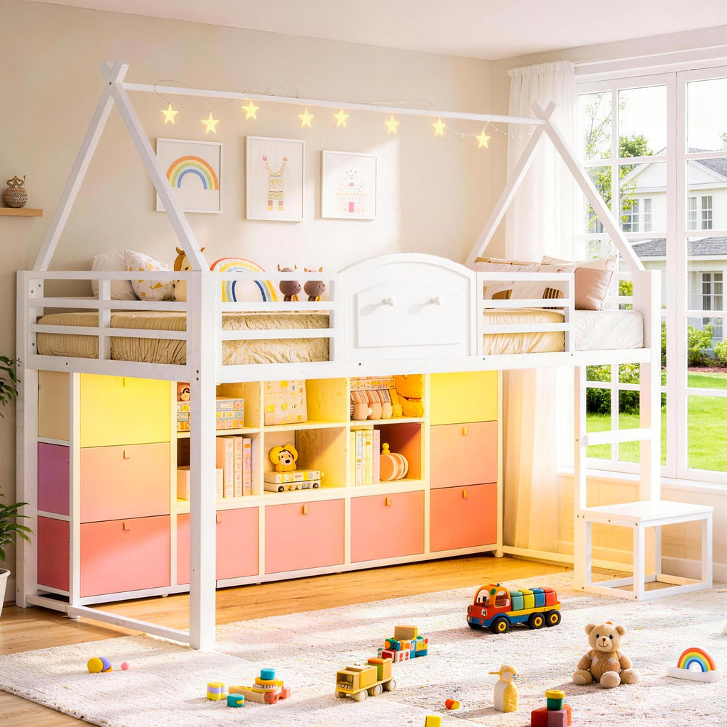 Twin Size Low Loft Bed with 9 Storage Drawers and Guardrail V54234