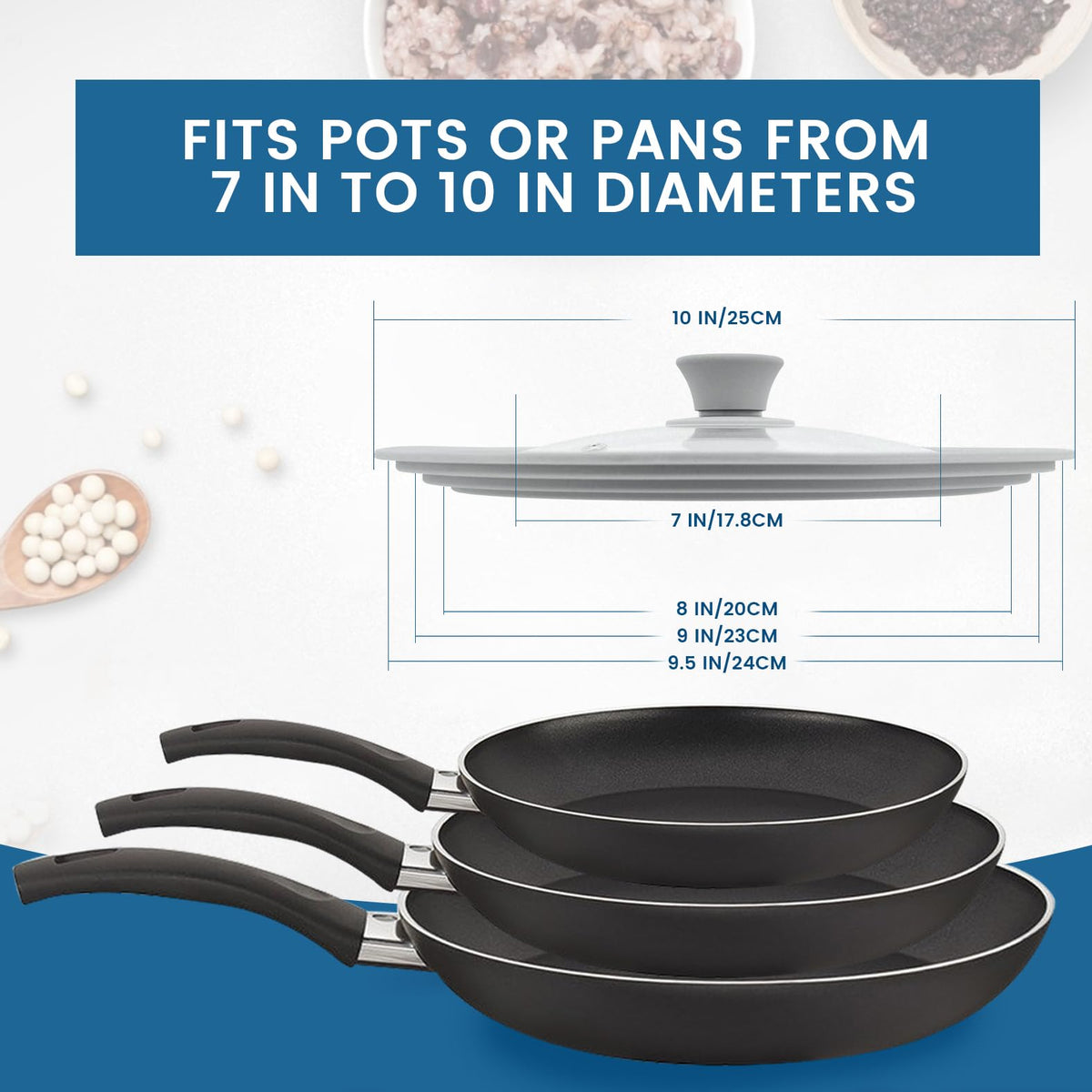 Tempered Glass Universal Lid with Silicone Rim Fits 8" 9" 9.5" Cookware N123520