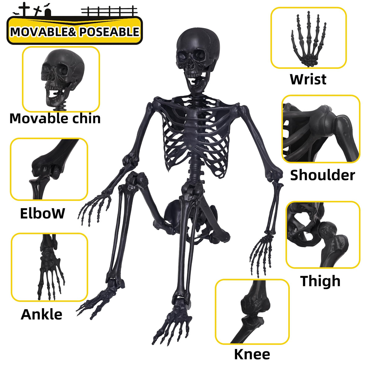 5.4Ft Posable Skeleton with Movable Joints and 2PC Black Feathered Crows D3006