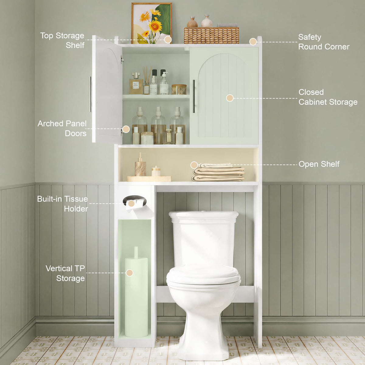 34" Over the Toilet Storage Cabinet with Arched Doors, White C221789