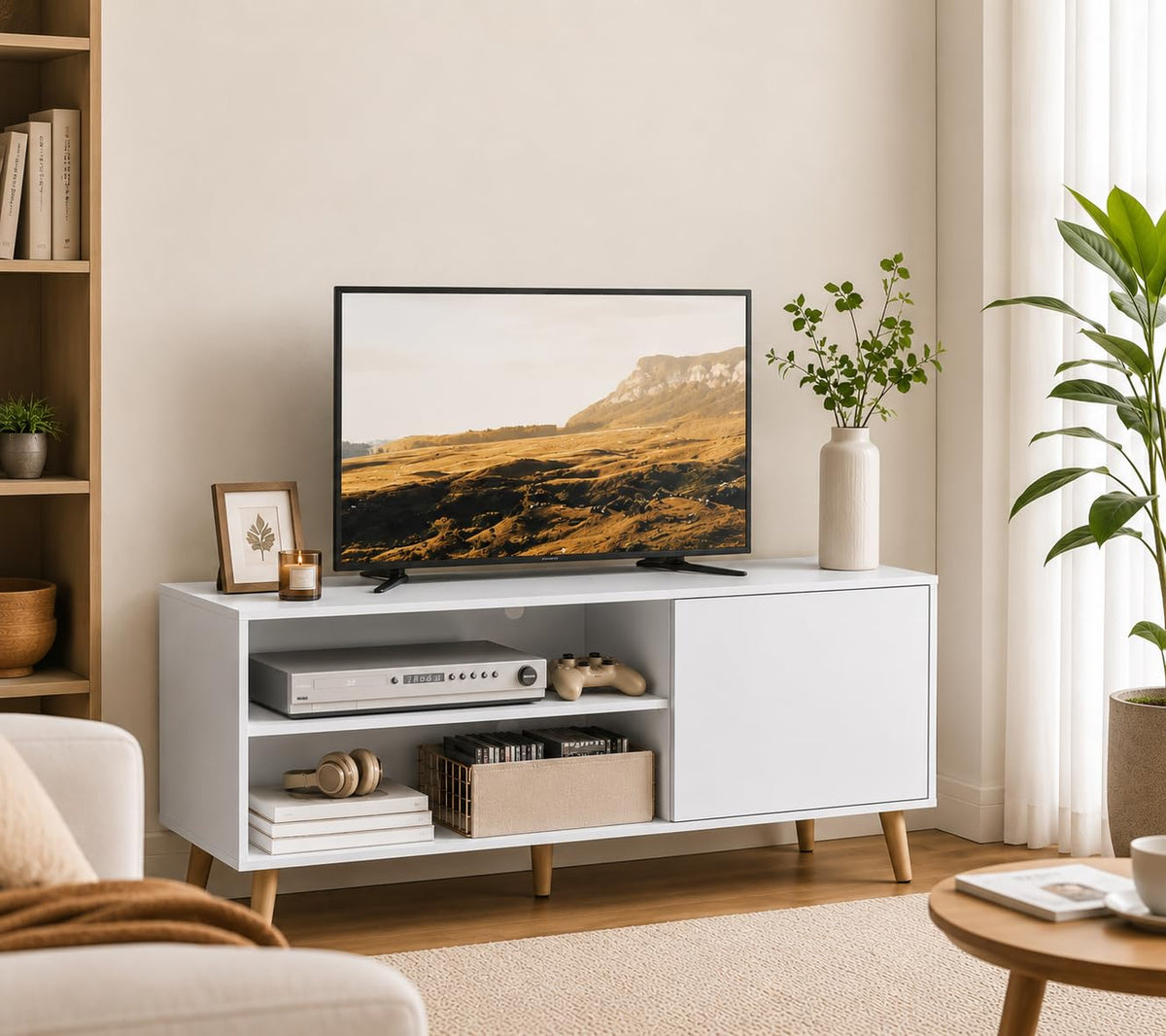 White TV Stand with Storage Cabinet P873