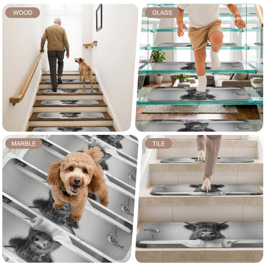 Highland Cow Non Slip Carpet Stair Treads Set of 4 Grey 30"x8" R35791