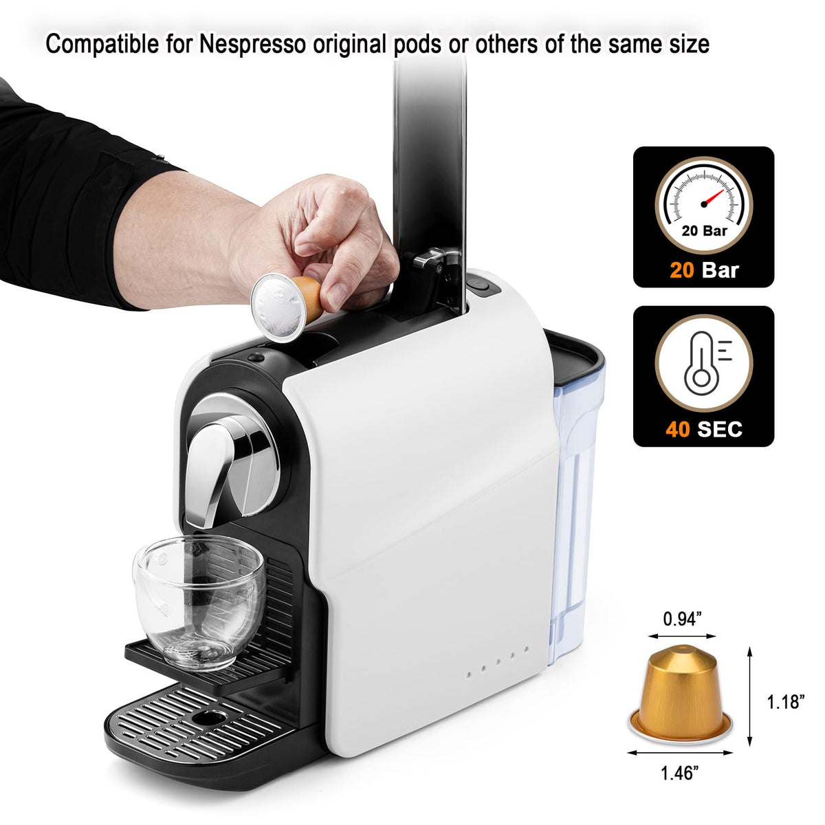 Espresso Pod Machine, 20 Bar, 22oz Removable Water Tank, 1350W J359335