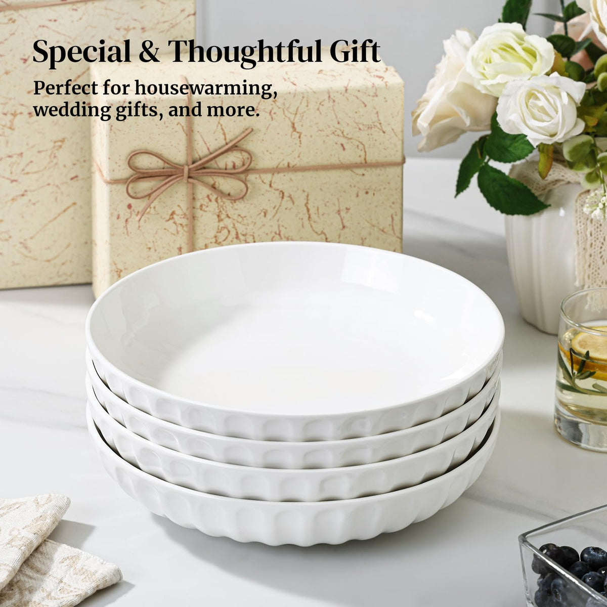 10" White Ceramic Pasta Bowls Set of 4 R428775