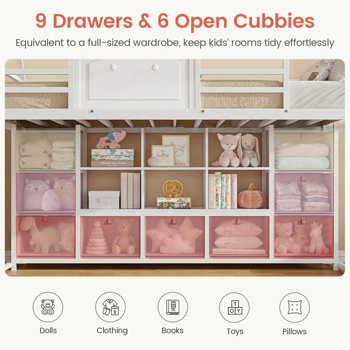 Twin Size Low Loft Bed with 9 Storage Drawers and Guardrail V54234