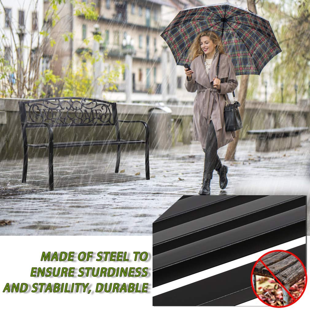 Black Metal Garden Patio Bench with Armrests F9498