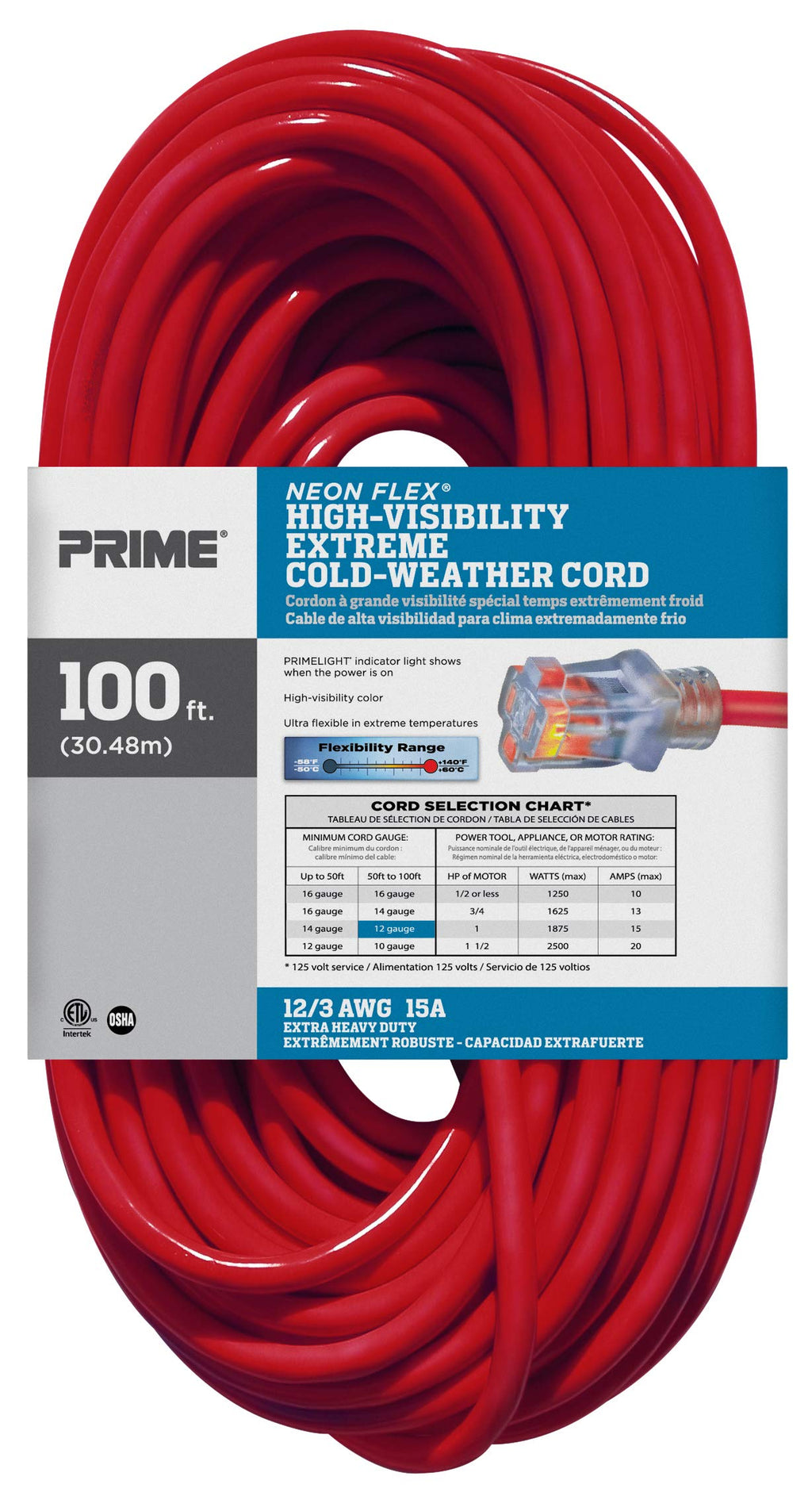 100-Foot 12/3 SJTW Outdoor Extension Cord with Light Indicator, Neon Red X463