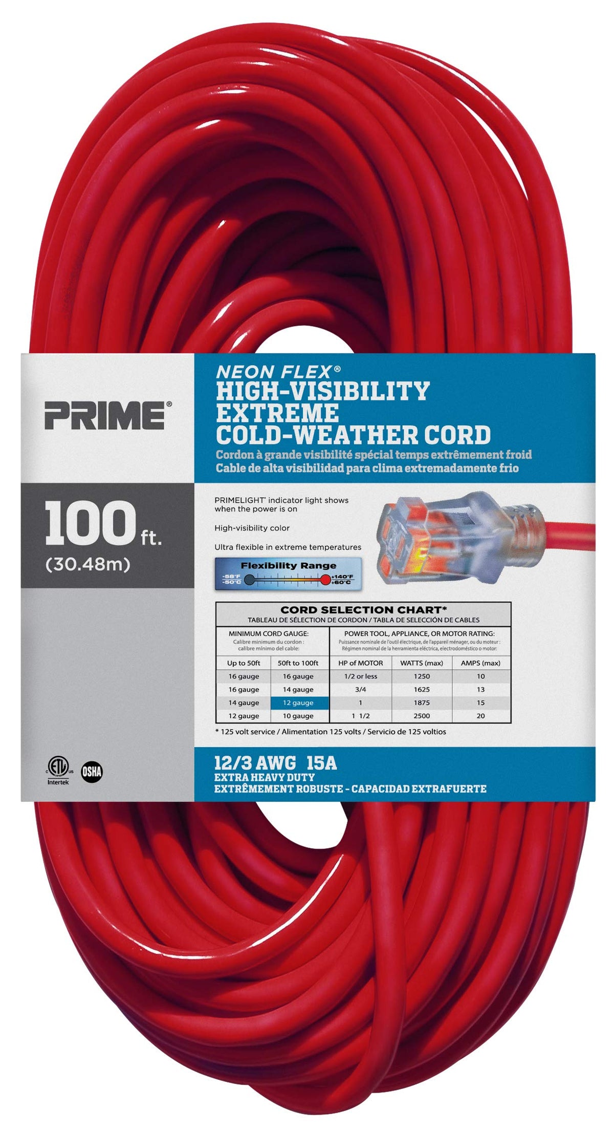 100-Foot 12/3 SJTW Outdoor Extension Cord with Light Indicator, Neon Red X463