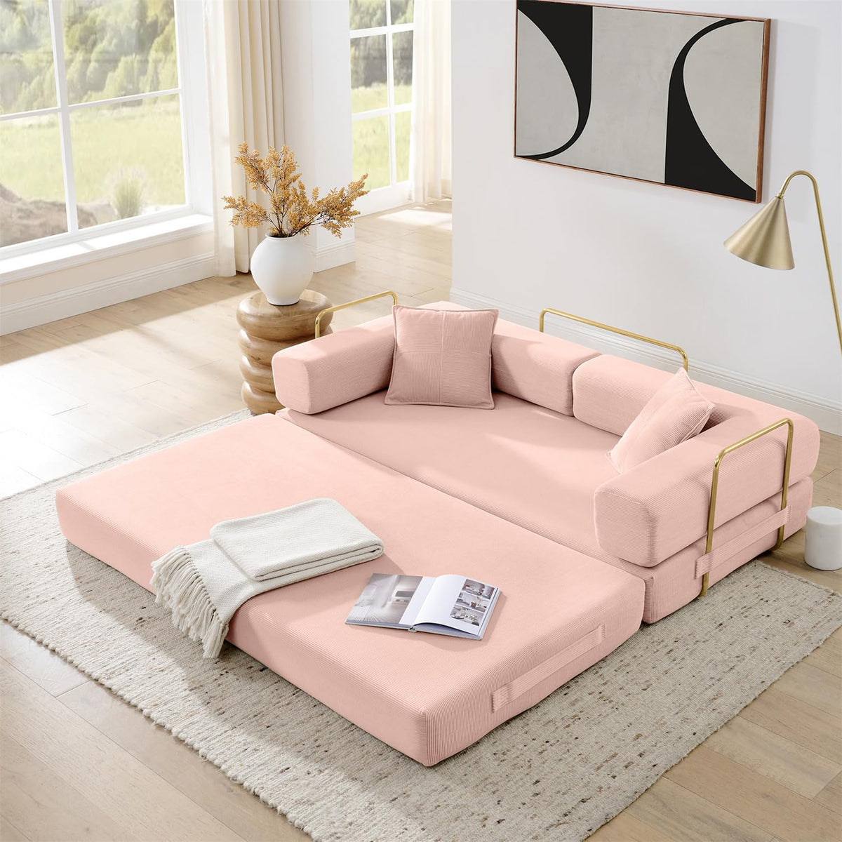Pink Corduroy Convertible Sofa Bed E284710