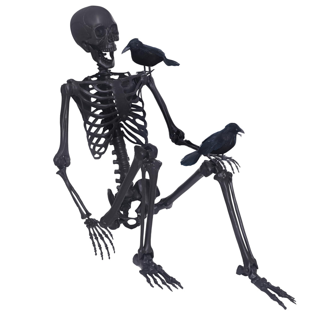 5.4Ft Posable Skeleton with Movable Joints and 2PC Black Feathered Crows D3006