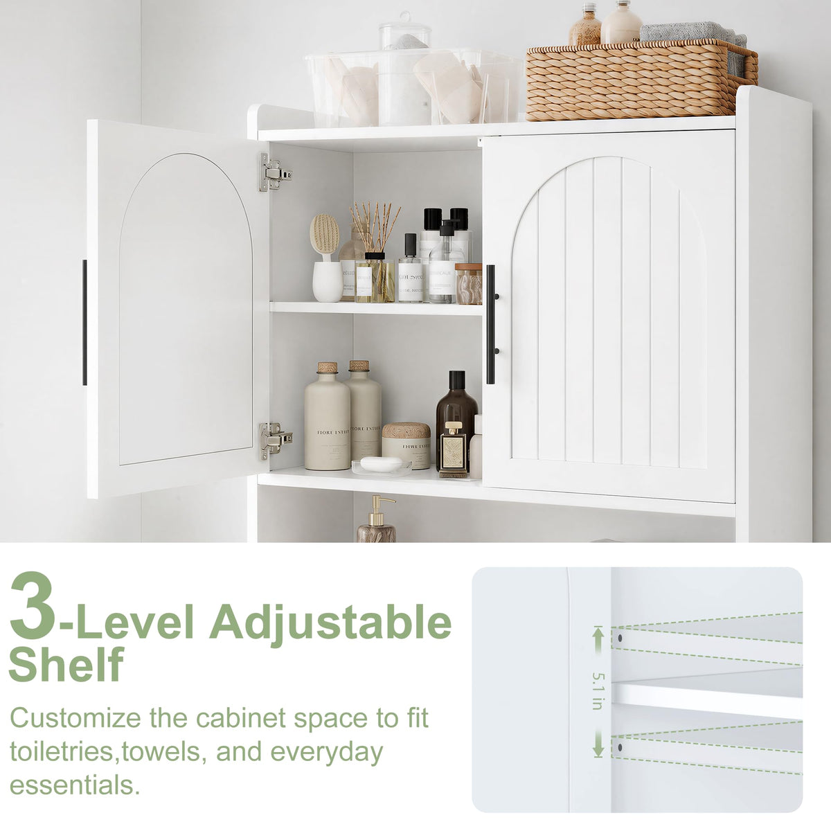 34" Over the Toilet Storage Cabinet with Arched Doors, White C221789