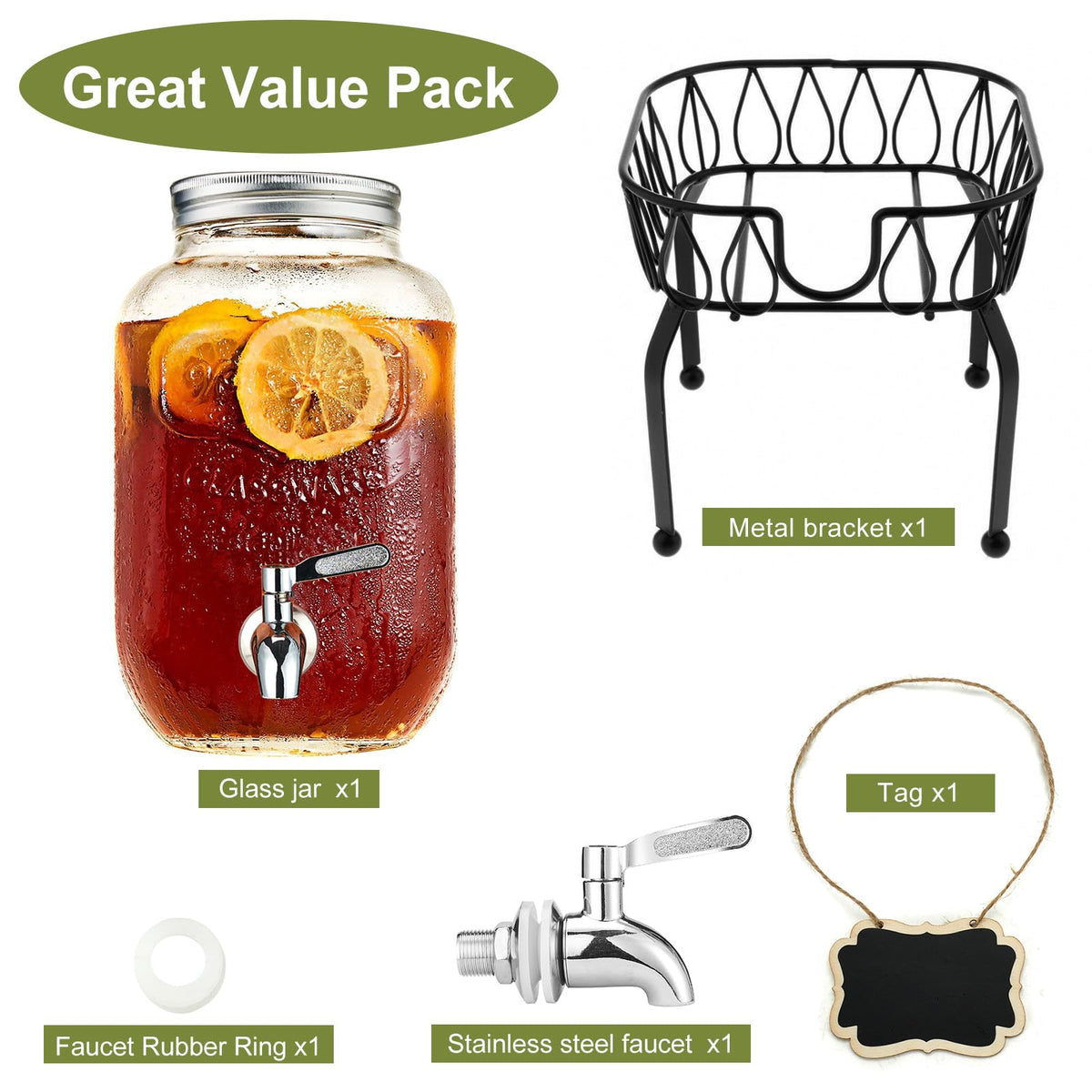 2 Gallon Glass Beverage Dispenser with Stand and Lid V46391