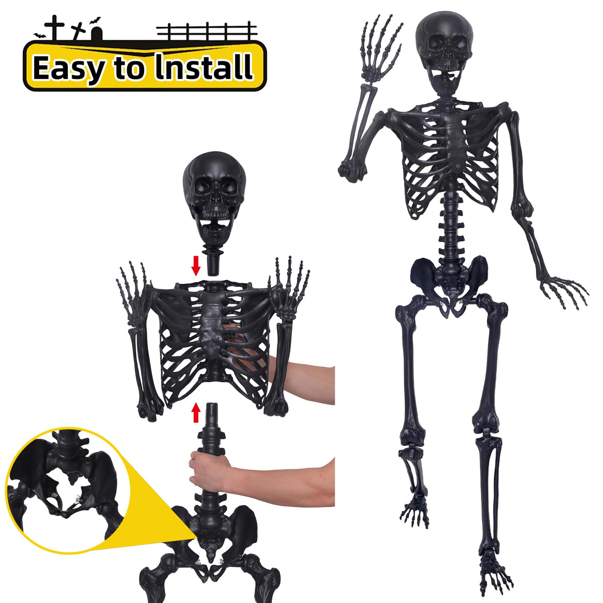5.4Ft Posable Skeleton with Movable Joints and 2PC Black Feathered Crows D3006