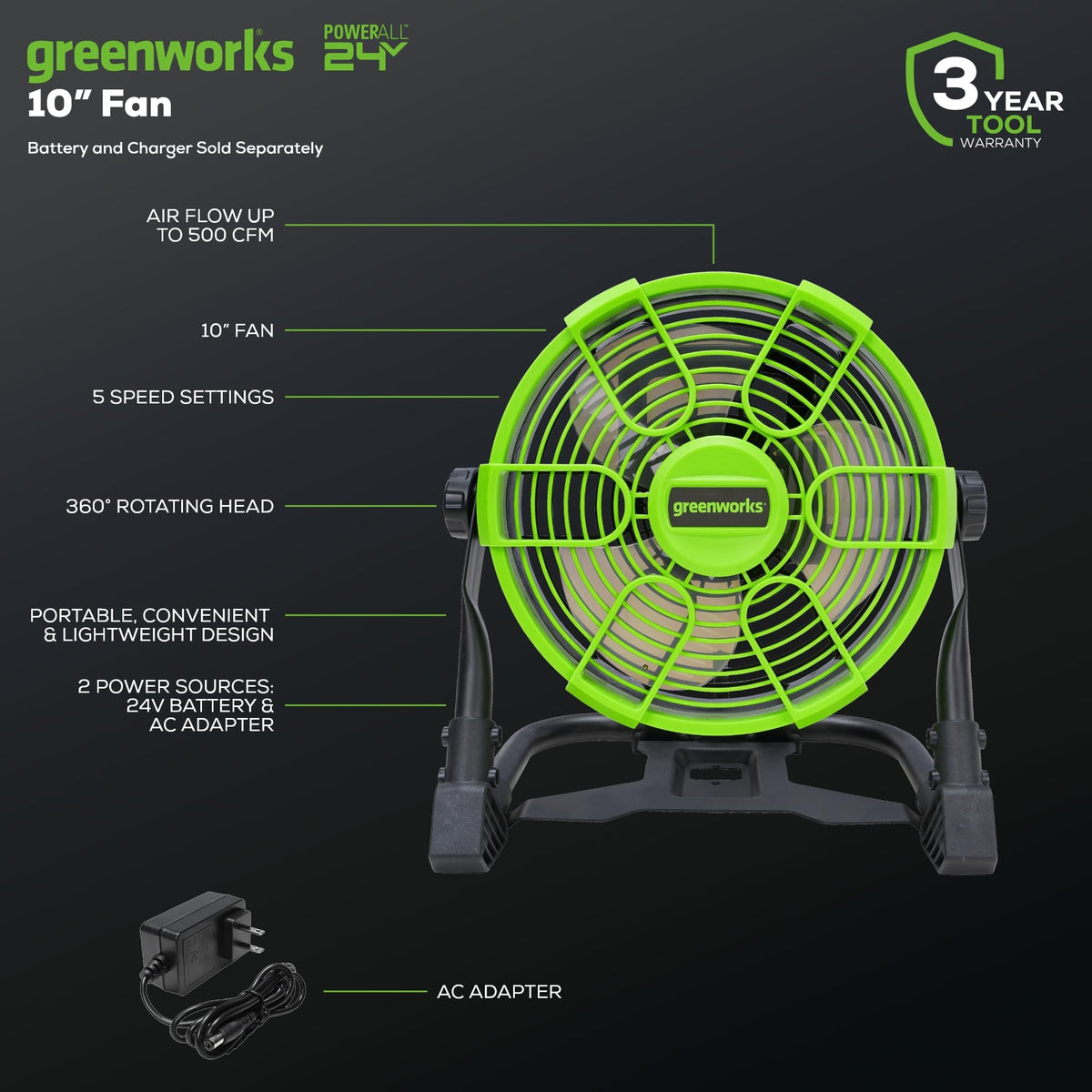 10" 5-Speed Fan 500 CFM Hybrid AC DC Z549